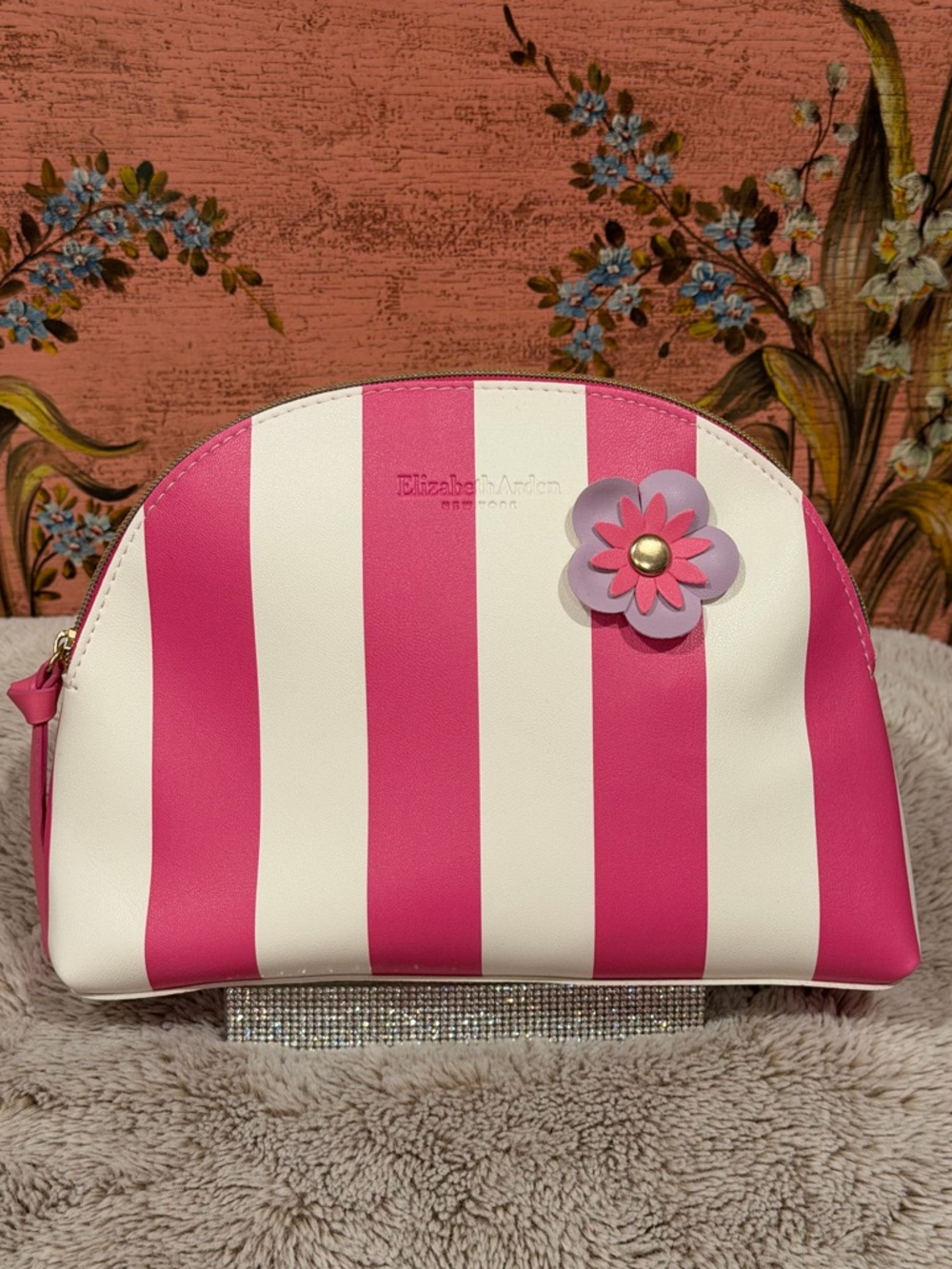 Elizabeth Arden Hot Pink and White Striped Cosmetic Case with Flower Accent